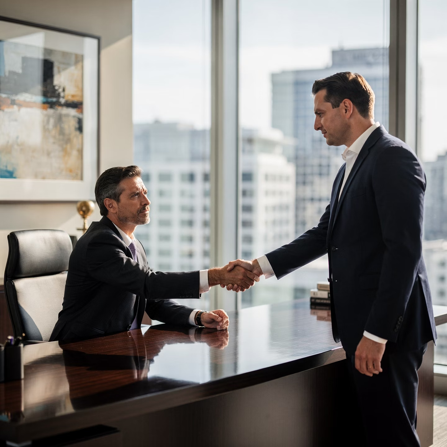 Imprenditore che riflette davanti allo skyline